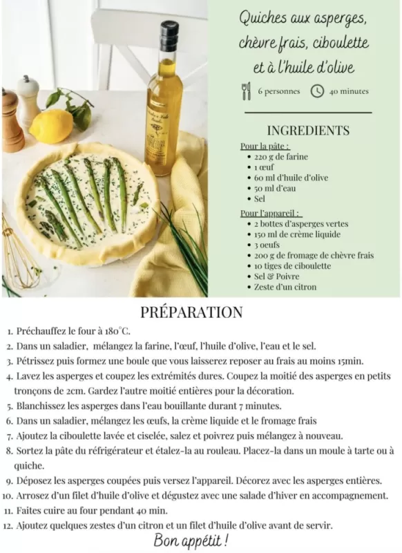 Quiche aux asperges, chèvre frais et ciboulette - Huile de Bouteillan, Martignargues et à Saint-Maximin, Moulin à Huile Paradis