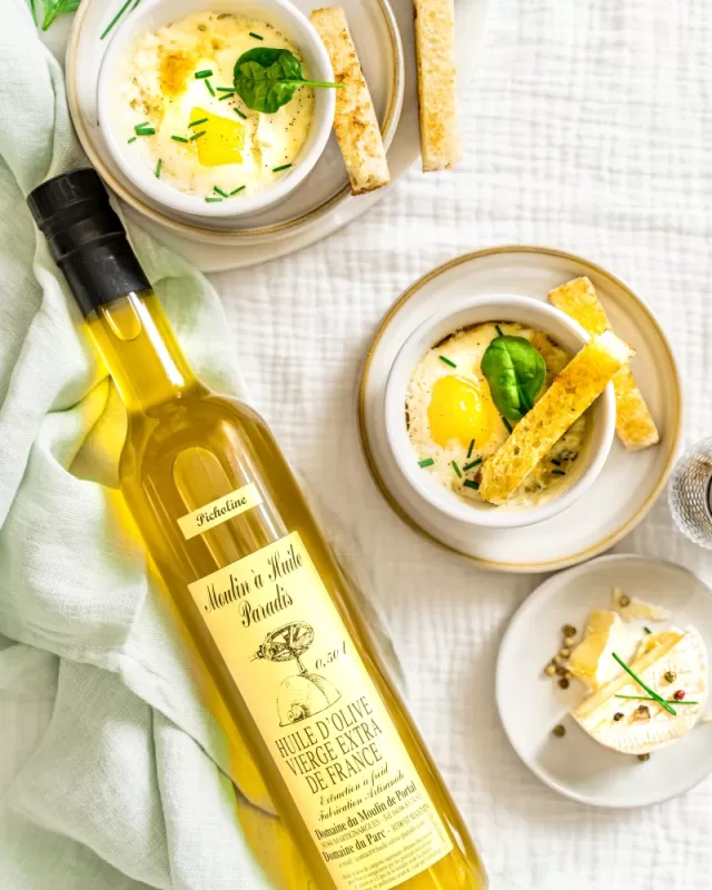 Recette d'oeuf cocotte, épinards et brebis, Huile de PICHOLINE, Martignargues et à Saint-Maximin, Moulin à Huile Paradis