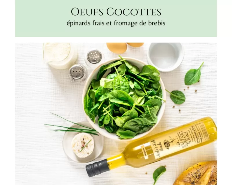 Recette d'oeuf cocotte, épinards et brebis, Huile de PICHOLINE, Martignargues et à Saint-Maximin, Moulin à Huile Paradis