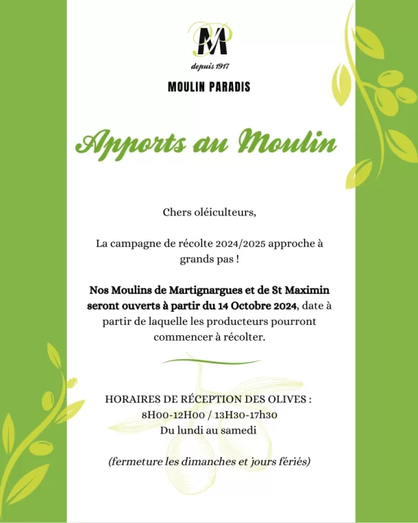? Ouverture de la campagne 2024/2025 ?, Martignargues et à Saint-Maximin, Moulin à Huile Paradis