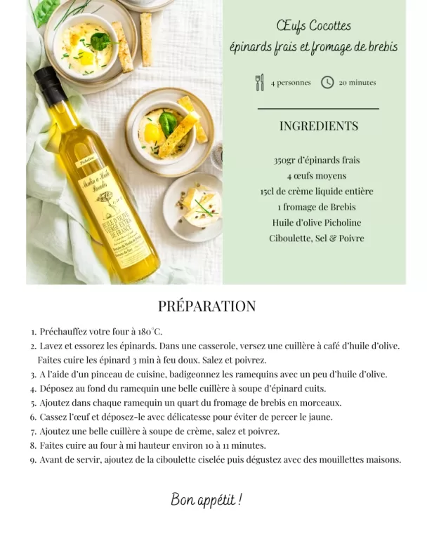 Recette d'oeuf cocotte, épinards et brebis, Huile de PICHOLINE, Martignargues et à Saint-Maximin, Moulin à Huile Paradis
