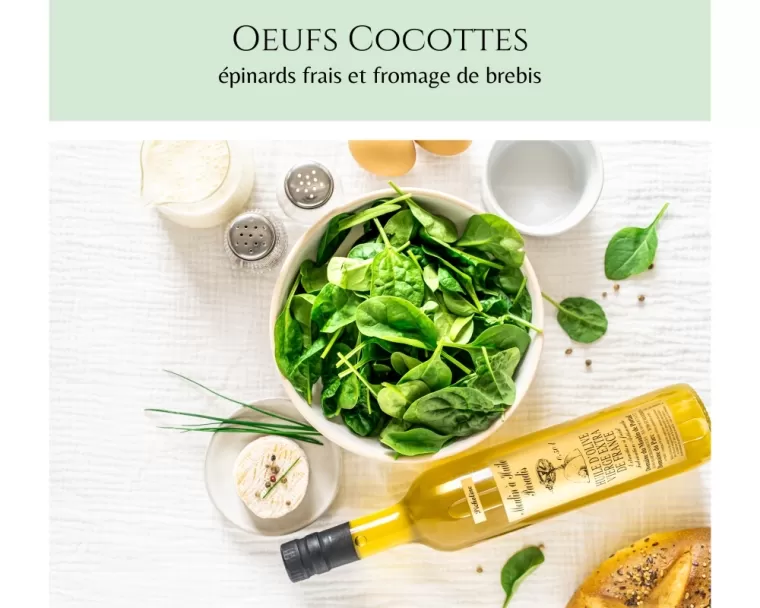 Recette d'oeuf cocotte, épinards et brebis, Huile de PICHOLINE, Martignargues et à Saint-Maximin, Moulin à Huile Paradis